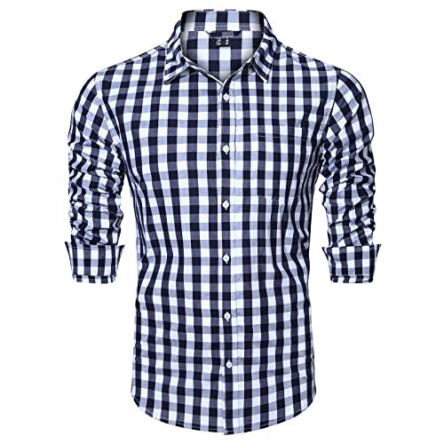 KEFITEVD Hemd Herren Kariert Solid Shirt Freizeit Baumwollhemd Frühling Herbst Langärmliges Hemd mit Knopf Outdoor Leicht Holzfällerhemd Dunkelblau-Weiß L von KEFITEVD