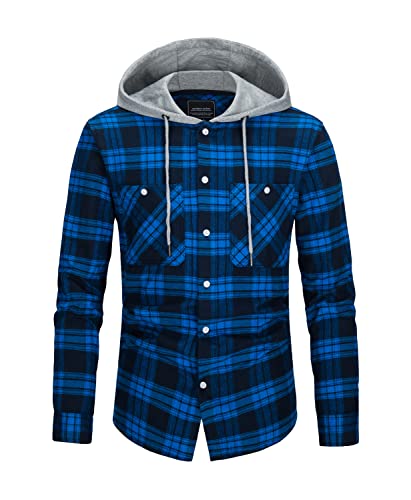 KEFITEVD Hemd Jacke Kariert Herren Langarm Flanellhemd Baumwolle Weich Hemdjacke Hooded Casual Freizeitshirt mit Kordelzug Frühling Herbst Karohemd für Holzfällen Sport Königsblau L von KEFITEVD