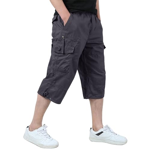 KEFITEVD Männer Shorts Kurz Hose Herren Cargo Taschen Stoffhose 3/4 Lang Trekkinghose Militär Shorts Strandhose Ausflug Reisen Grau EU 32, CN L von KEFITEVD