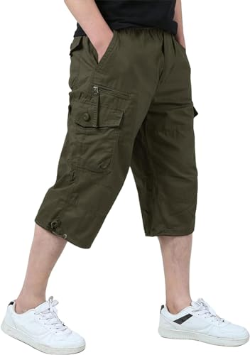 KEFITEVD 3/4 Hose Herren Cargo Shorts Lang Bermuda Dreiviertel Hose mit Mutil Taschen Baumwolle Sommerhose mit Gummizug Armeegrün EU 36, CN 3XL von KEFITEVD