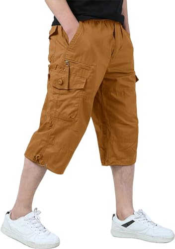 KEFITEVD Herren 3/4 Hose Baumwolle Cargohose Casual Kurz Sommerhose Outdoor Freizeit 7/8 Hose Männer Narzissengelb 32 von KEFITEVD