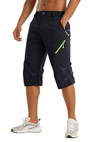 KEFITEVD Herren 3/4 Outdoor Hose Stretch Leicht Radhose Kurz mit Reißverschluss-Taschen Dreiviertel Hose Wandershorts Männer Cargo Bermuda Shorts Schwarz 32 von KEFITEVD