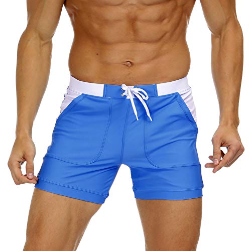 KEFITEVD Herren Badeshorts Enge Passform Schwimmshorts Bademode Wasserspiel Freibad Boxer Schwimmhose Kontrastfarben Elastisch Surfshorts Sommer Hellblau 32 von KEFITEVD