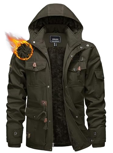 KEFITEVD Winterjacke Herren Mit Kapuze Fleecejacke mit Kapuze Herrenjacke Army Militär Jacke Lange Pilotenjacke Männer Dunkeloliv L von KEFITEVD