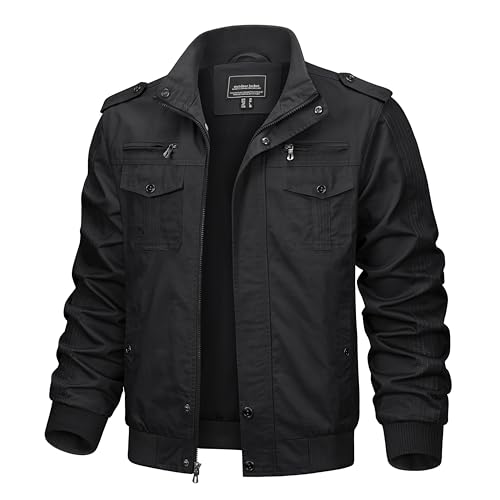 KEFITEVD Herren Cargo Jacke Militär US Feldjacke Multi Taschen Stehkragen Bomber Blouson Übergangsjacke lässig, XL, Schwarz von KEFITEVD