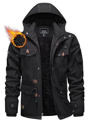 KEFITEVD Herren Gefüttert Winterparka mit Abtrennbarer Kapuze Cargo Jacke Dick Windbreaker Kapuzenjacke Freizeit Outdoor Fleecejacke Schwarz M von KEFITEVD