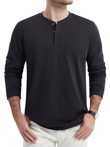 KEFITEVD Henley T-Shirts für Herren Long-Sleeved Henley Top Freizeit Arbeit Tshirt Männer Brusttaschen Winter Schwarz S von KEFITEVD