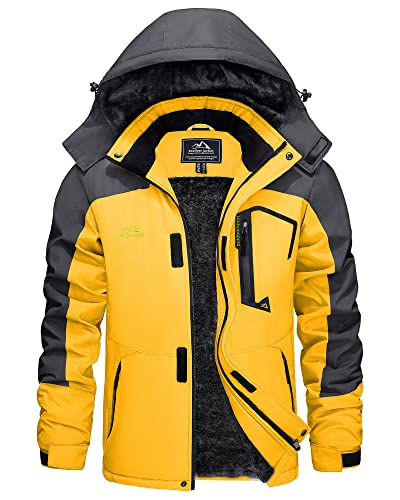 KEFITEVD Herren Skijacke Warm Gefütterte Softshelljacke Winter Atmungsaktiv Outdoorjacke Verdick Winddicht Übergangsjacke mit Kapuze Grau-gelb L von KEFITEVD