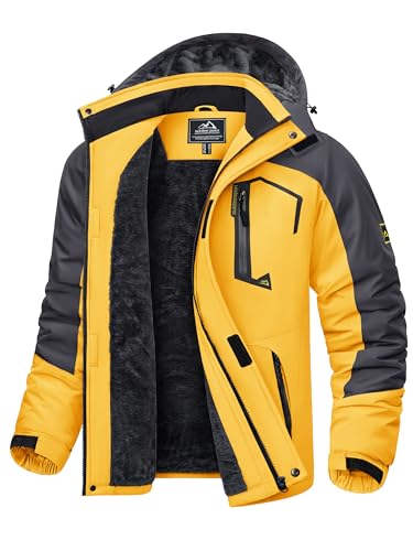 KEFITEVD Herren Skijacke Warm Gefütterte Softshelljacke Winter Atmungsaktiv Outdoorjacke Verdick Winddicht Übergangsjacke mit Kapuze Grau-gelb M von KEFITEVD
