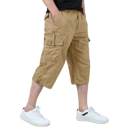 KEFITEVD Herren Sommer Cargo Hose Männer 3/4 Jagd Hose Kurze Sommerhose Capri Hose Vintage taktisch Shorts Sport Wanderhose Freizeitshorts Khaki EU 40, CN 5XL von KEFITEVD