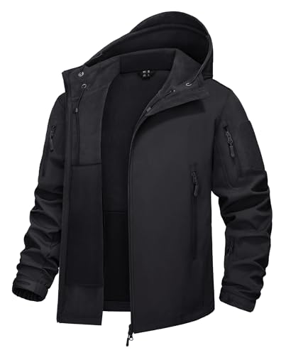 KEFITEVD Softshell Jacke Herren Wasserdicht Winddicht Fleece Gefüttert Jagdjacke Herbst Winter Outdoorjacke Military Hoodie Männer Wanderjacke Schwarz 2XL von KEFITEVD
