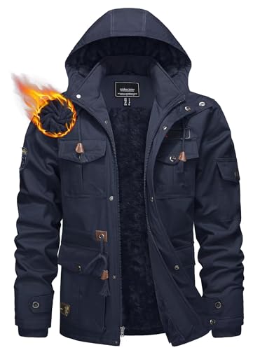 KEFITEVD Herren Winterjacken Fellkapuze Herren Gefüttert Cargo Jacke Thermo Arbeitsjacke Parka Vielen Taschen Winter Mantel Dunkelblau 2XL von KEFITEVD