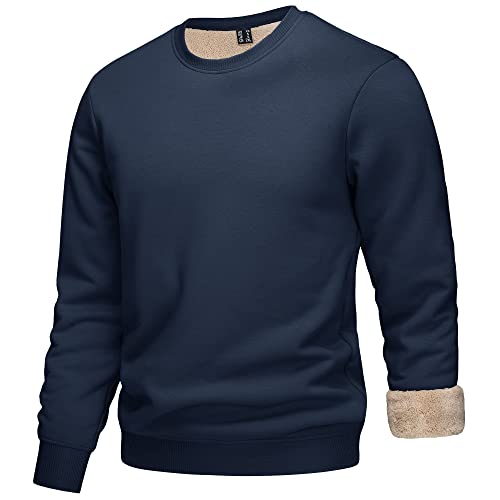 KEFITEVD Herren Winter Sweatshirt Fleece Pullover Basic Langarmshirt Crewneck Fleecepulli Fleecepullover Rundhals Marineblau von KEFITEVD