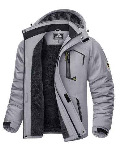 KEFITEVD Herren Winterjacke Gefüttert Wasserdicht Outdoorjacke Thermo Jacke Allwetterjacke Männer Winter Jacke Warme Regenjacke Windbreaker Hellgrau L von KEFITEVD