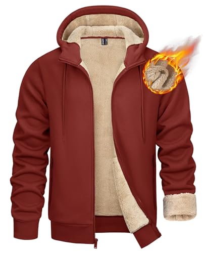 KEFITEVD Herren Winterjacke Thermo Sweatjacke Kapuzenjacke mit Reißverschluss Langarm Fleecejacke für Männer OrangeRot M von KEFITEVD