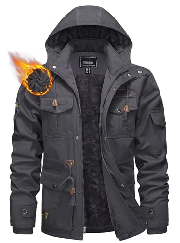 KEFITEVD Herren Winterjacken Fellkapuze Gefüttert Warm Parka Bomberjacke Armee Jacke Winter Freizeitjacke Jagd Angeln Mental Dunkelgrau 2XL von KEFITEVD