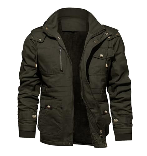 KEFITEVD Herren Fliegerjacke Winter Cargo Jacke Gefüttert Warm Parka mit Abtrennbar Kapuze Windjacke Outdoor Winddicht Kapuzenjacke Männer Atmungsaktiv Fleecejacke Dunkeloliv 2XL (Etikett: 6XL) von KEFITEVD