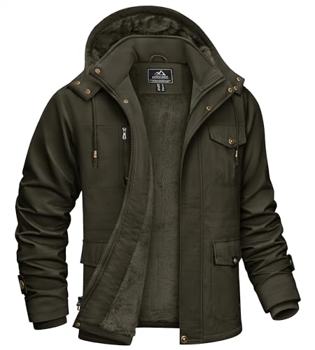 KEFITEVD Herren Fliegerjacke Winter Cargo Jacke Gefüttert Warm Parka mit Abtrennbar Kapuze Windjacke Outdoor Winddicht Kapuzenjacke Männer Atmungsaktiv Fleecejacke Dunkeloliv L (Etikett: 4XL) von KEFITEVD