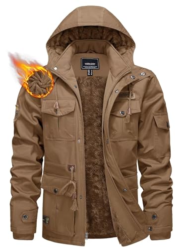 KEFITEVD Herrenjacke Winter Gefüttert Fleecejacke Warm Baumwolljacke Kapuze Windjacke Outdoor Freizeit Jacke Männer Khaki 3XL von KEFITEVD