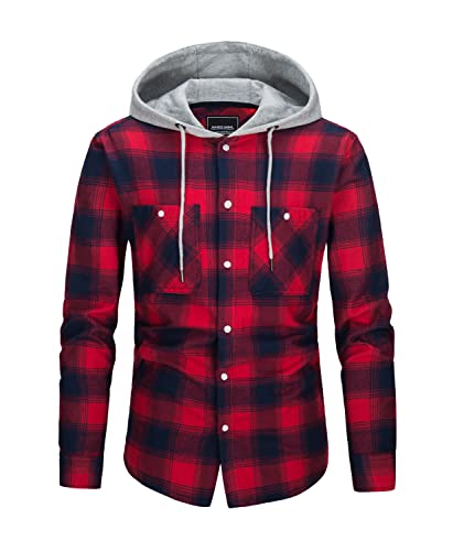 KEFITEVD Holzfäller Jacke Herren Kapuze Freizeitshirt Casual Kariert Hemdjacke mit Brusttaschen Outdoor Atmungsaktiv Karohemd Weich Knopfleiste Baumwollshirt Rot L von KEFITEVD