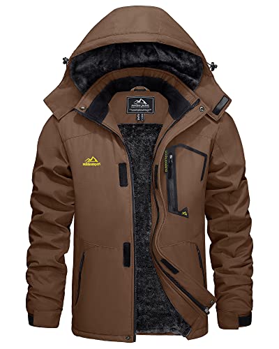 KEFITEVD Jacke Herren Winter Übergangsjacke Thermo Skijacke Winterjacke Outdoorbekleidung mit Kapuze Männer Fleecejacke für Angeln Wandern Kaffee 3XL von KEFITEVD