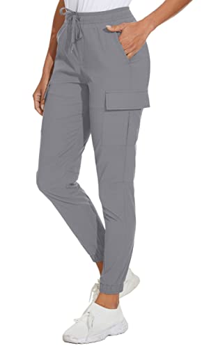 KEFITEVD Jogginghose Damen mit Gummibund Funktionshose Stretch Quick Dry Wanderhose Outdoor Leicht Sporthose mit 5 Taschen Atmungsaktiv Angelnhose Hellgrau L von KEFITEVD