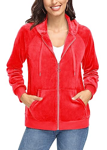 KEFITEVD Kapuzenpullover Damen Herbst Warm Fleecejacke Sport Hoodie Jacke Winter Velour Sweatjacke Freizeit Laufen Langarmshirt Atmungsaktiv Training Kapuzenjacke Tomatenrot XL von KEFITEVD