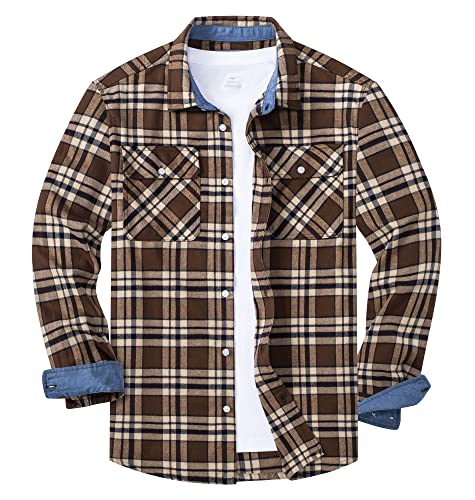 KEFITEVD Karierte Hemdjacke Herren Flanell Baumwolle Hemd Langarm Plaid Shirt Vintage Weich Freizeithemd Herbst Braun 2XL von KEFITEVD