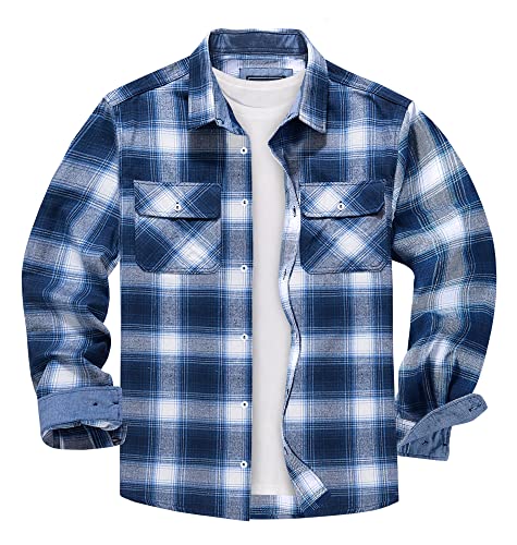 KEFITEVD Karohemd Herren Flanell Baumwolle Holzfäller Hemd mit Brusttaschen Casual Plaid Shirt Kariert Freizeithemd Männer Arbeitshemd Blau-Weiß 3XL von KEFITEVD