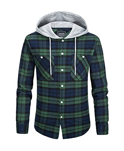 KEFITEVD Karohemd Herren Langarm Atmungsaktiv Checkshirt mit Brusttaschen Hooded Leicht Freizeitjacke Baumwolle Kariert Hemdjacke für Frühling Herbst Grün 3XL von KEFITEVD