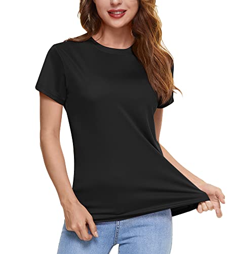 KEFITEVD Kurzarm Laufshirt Damen Rundhals Dünn Sport T-Shirt Atmungsaktiv Funktionsshirt Frauen Sommer Top Running Freizeit Schwarz 2XL von KEFITEVD