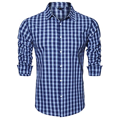 KEFITEVD Langarmhemd Männer Kariert Herrenhemd Weich Atmungsaktiv Baumwolle Shirt Gingham Trachtenhemd Vintage Holzfällerhemd für Frühling Herbst Blau L von KEFITEVD