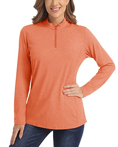 KEFITEVD Langarmshirt Damen Frühling Sportshirt Atmungsaktiv Langarm Sommershirt UPF 50+ Outdoorshirt Funktions T-Shirt UV Schutzkleidung Lauftop mit 1/4 Reißverschluss Meliert Orange M von KEFITEVD