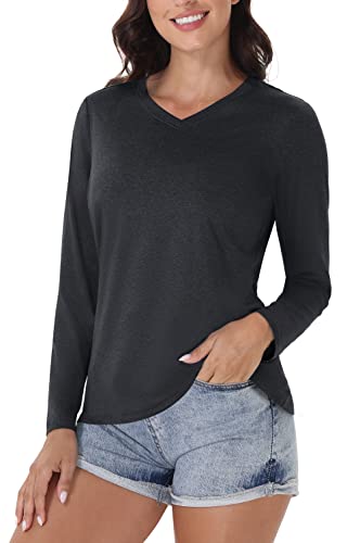 KEFITEVD Langarmshirt Damen Leichte Funktionsshirt Atmungsaktiv Sommer Sportshirt Frauen V-Neck Wandershirt Frühling Stretch Laufshirt Casual Longsleeve Fahrradshirt Meliert Schwarz S von KEFITEVD