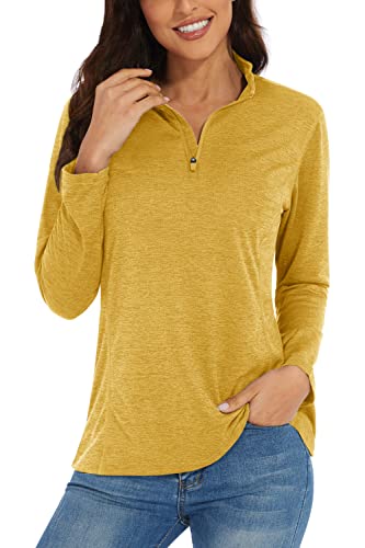 KEFITEVD Langarmshirt Damen UV Schutzkleidung T-Shirt Frühling Sportshirt Atmungsaktiv Langarm Sommershirt Funktions Lauftop UPF 50+ Outdoorshirt mit 1/4 Reißverschluss Gelb Meliert M von KEFITEVD