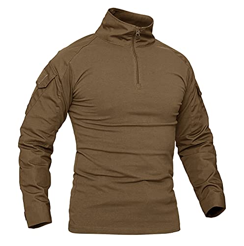 KEFITEVD Langarmshirt Herren Slim Fit 1/4 Zip Militär Shirt Männer Herbst Sweatshirt Jagd Oberteil Tactical Shirt mit Klettfläche Paintball Shirt Frühling Braun M von KEFITEVD