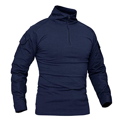 KEFITEVD Military Shirt Herren Half Zip Army Pullover Männer Tactical Shirt mit Patch Klett Elastisch Angeln T-Shirt Taktisch Combat Shirt Feldbluse Navy Blau L von KEFITEVD