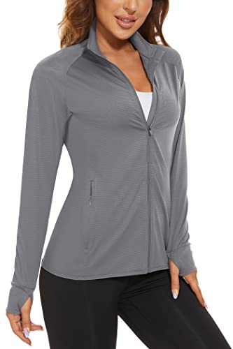 KEFITEVD Laufjacke für Damen UV Schutzkleidung Sweatjacke Frühling Dünne Sportjacke Atmungsaktiv Sommer Jacke Stretch Funktions Lauftop mit Reißverschlusstaschen Dunkelgrau 2XL von KEFITEVD