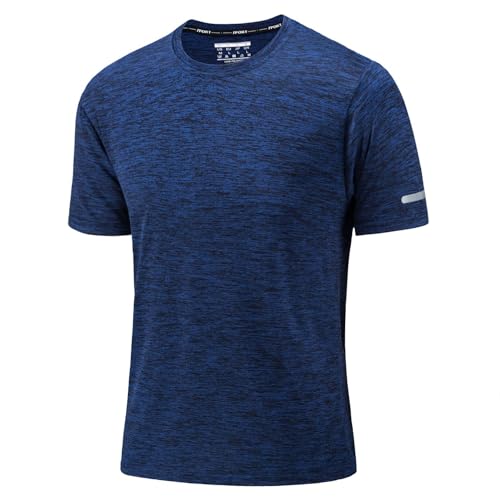 KEFITEVD Laufshirt Herren Kurzarm Sommer Shirts Trainingsshirt Funktions T-Shirt Atmungsaktiv Freizeitshirt Fitnessshirt Workout Shirt für Fußball Marineblau Meliert 3XL von KEFITEVD