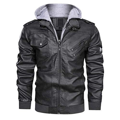 KEFITEVD Lederjacke Herren Biker-Jacke mit Kapuze Kunstleder Bomberjacke Stehkragen Winter Jacke Retro Herenjacke US Army Fliegerjacke Männer Grau M von KEFITEVD