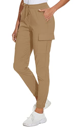 KEFITEVD Leicht Funktionshose Damen Atmungsaktiv Wanderhose Schnelltrocknend Tunnelzug Jogginghose Sommer Herbst Outdoorhose für Fahrrad Workout Khaki M von KEFITEVD