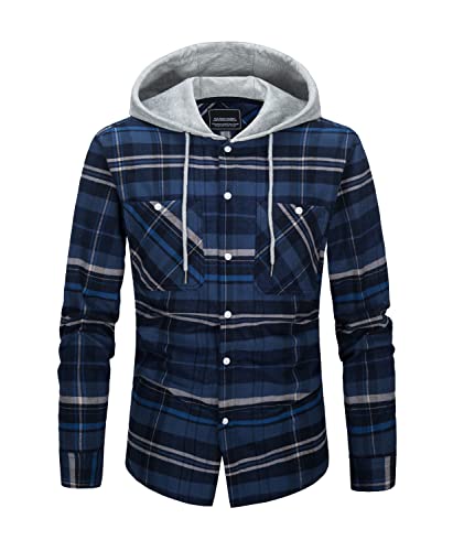 KEFITEVD Leicht Karo Jacke Herren Hoodie Kariert Langarm Arbeitshemd mit Brusttaschen Vintage Plaid Holzfällerhemd Herbst Dünnes Karojacke für Frühling Herbst Blaugrau 3XL von KEFITEVD