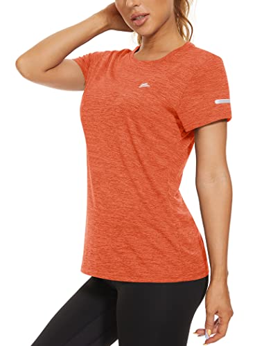 KEFITEVD Leicht Trainingsshirt Damen Shortsleeve Stretch Sommershirt Dünn Schnelltrocknend Wandershirt Atmungsaktiv Rundhals Tshirt Sport Oberbekleidung Meliert Orange XL von KEFITEVD