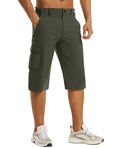 KEFITEVD Leichte Sommerhose Herren Dreiviertel Cargo Hose Elastisch Mountainbike Klettern Hosen Männer Strandhose 3/4 Lang Dunkeloliv 38 von KEFITEVD