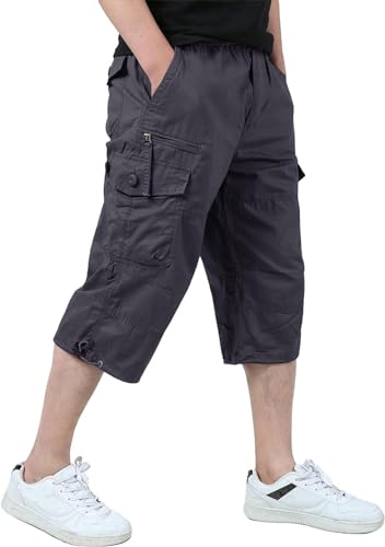 KEFITEVD Männer Shorts Kurz Hose Herren Cargo Taschen Stoffhose 3/4 Lang Trekkinghose Militär Shorts Strandhose Ausflug Reisen Grau EU 40, CN 5XL von KEFITEVD