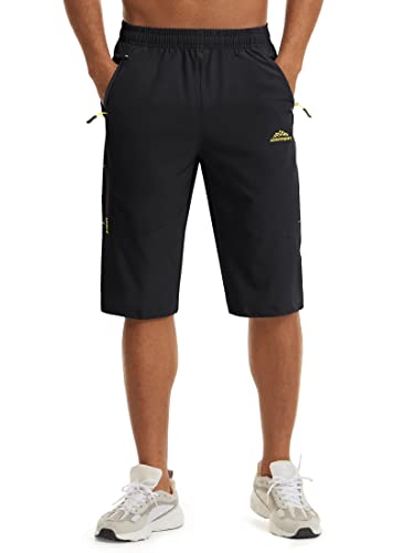 KEFITEVD Herren 3/4 Outdoor Hose Sommer Atmungsaktiv Sporthose Leicht Kletterhose Stretch Dreiviertel Hose mit Kordelzug Schnell Trocknend Arbeitshose Wandershorts Schwarz 38 von KEFITEVD