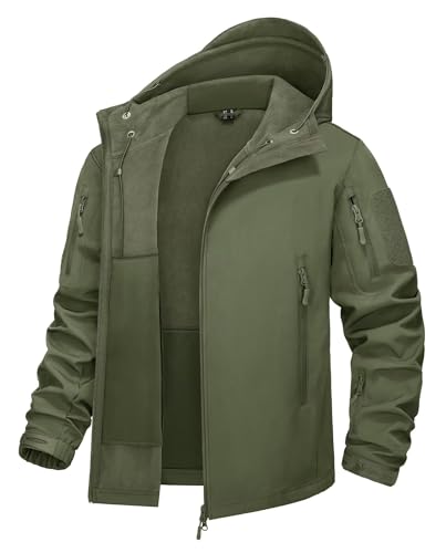KEFITEVD Angeljacke Herren Winter Viele Taschen Wasserdicht Softshelljacke Winter Militär Jacke Softshell Arbeitsjacke mit Kapuze Übergangsjacke Männer Armeegrün L von KEFITEVD