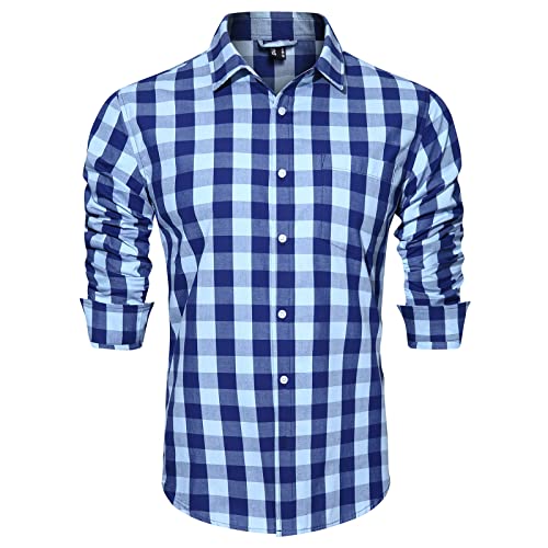 KEFITEVD Plaid Shirt Herren Langarm Baumwolle Herbsthemd Check Anzughemd Atmungsaktiv Holzfällerhemd Frühling Freizeitshirt Karohemd mit Brusttasche Hellblau-Königsblau 3XL von KEFITEVD