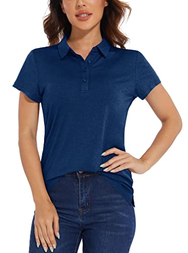 KEFITEVD Polo Shirt Damen Freizeit Kurzarm Leicht T-Shirt mit Polokragen Sommershirts Atmungsaktiv Freizeitshirt Dünn Sportshirt Stretch Funktions Laufshirt Running Oberteil Dunkelblau 2XL von KEFITEVD