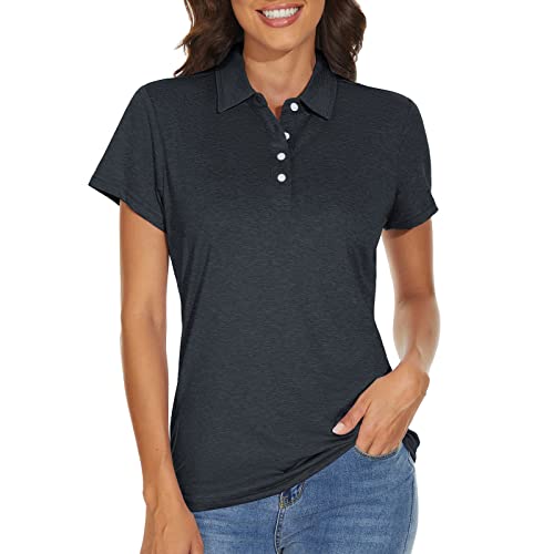 KEFITEVD Poloshirt Damen Kurzarm Funktionsshirt Golf Polo Atmungsaktiv Schnelltrocknend Freizeitshirt Performance T-Shirt Meliert Schwarz 2XL von KEFITEVD